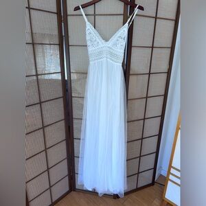 Sheer tulle base white beach wedding dress with lace shear top, sexy, fun